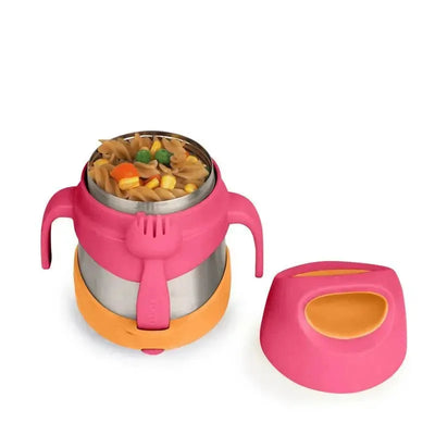 Insulated food jar in pink and orange, filled with pasta and vegetables, includes a matching lid and built-in fork.
