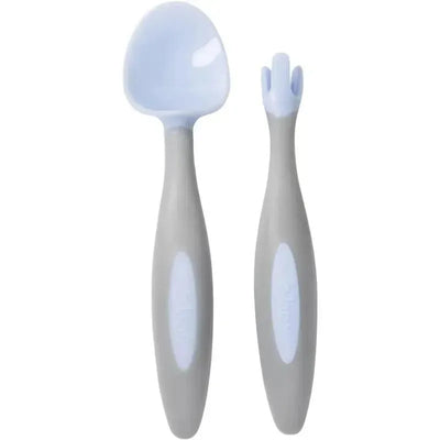 Toddler cutlery set including a spoon and fork, featuring soft grey handles and light blue heads.