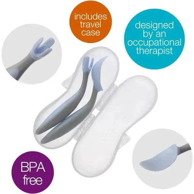 Toddler cutlery bubblegum set by B.box, features two utensils in a travel case, BPA-free, designed by an occupational therapist.