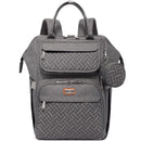Diaper bag backpack in dark gray, featuring woven texture and multiple compartments, including a detachable pouch.