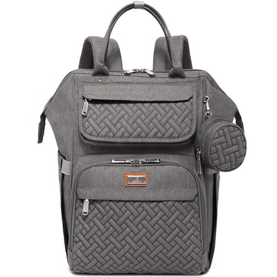 Diaper bag backpack in dark gray, featuring woven texture and multiple compartments, including a detachable pouch.