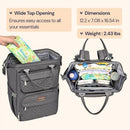 Diaper bag backpack in dark gray with a wide top opening, showcasing a packed interior including diapers, bottles, and baby essentials.