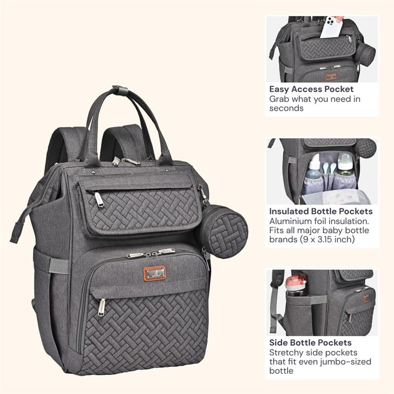 Diaper bag backpack in dark gray, featuring multiple pockets, an insulated bottle compartment, and a woven texture design.