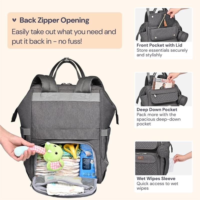 Diaper bag backpack in dark gray, showcasing a back zipper opening and multiple compartments with essentials like diapers and toys.