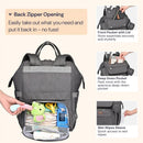 Diaper bag backpack in dark gray, showcasing a back zipper opening and multiple compartments with essentials like diapers and toys.