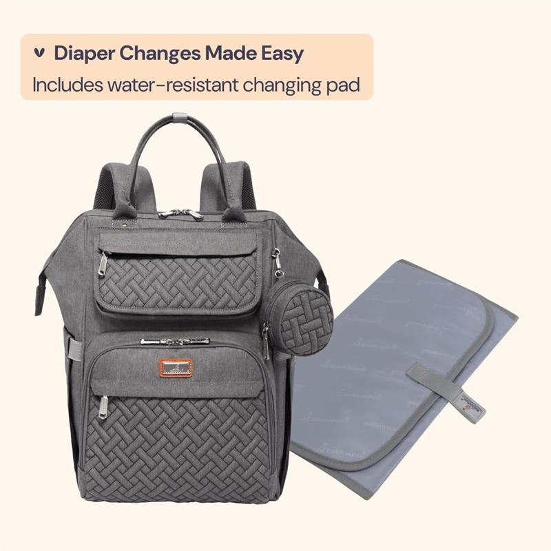 BabbleRoo dark gray diaper bag backpack featuring a woven design, pockets, and a water-resistant changing pad.