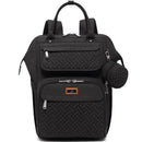 Black diaper bag backpack with textured exterior, multiple zippered compartments, and a round detachable pouch.