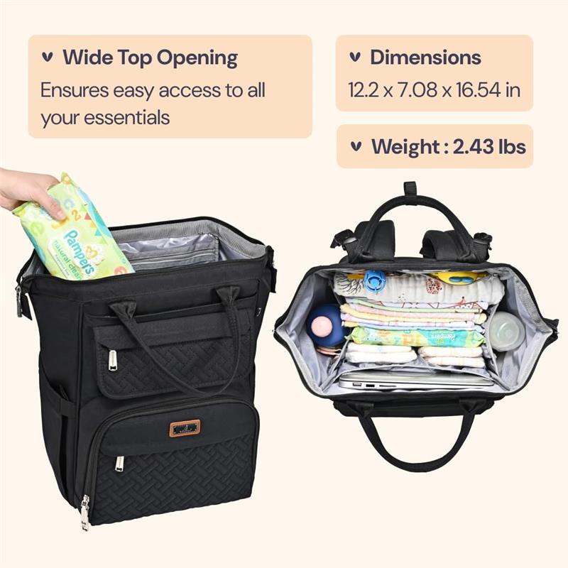 Diaper bag backpack in black with a wide top opening, showcasing inside contents like diapers, wipes, and bottles.