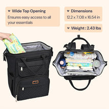 Diaper bag backpack in black with a wide top opening, showcasing inside contents like diapers, wipes, and bottles.