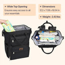 Diaper bag backpack in black with a wide top opening, showcasing inside contents like diapers, wipes, and bottles.