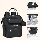 Diaper bag backpack in black, featuring multiple zippered pockets, insulated bottle compartments, and easy access design.