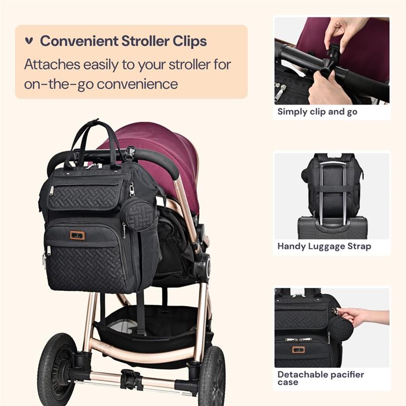Diaper bag backpack in black attached to a stroller, showcasing convenient clips, a luggage strap, and a detachable pacifier case.