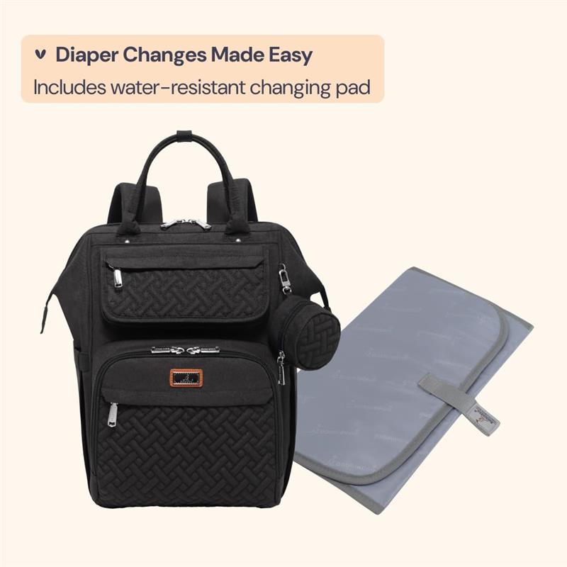 Black BabbleRoo diaper bag backpack with zippered pockets and a water-resistant changing pad included.