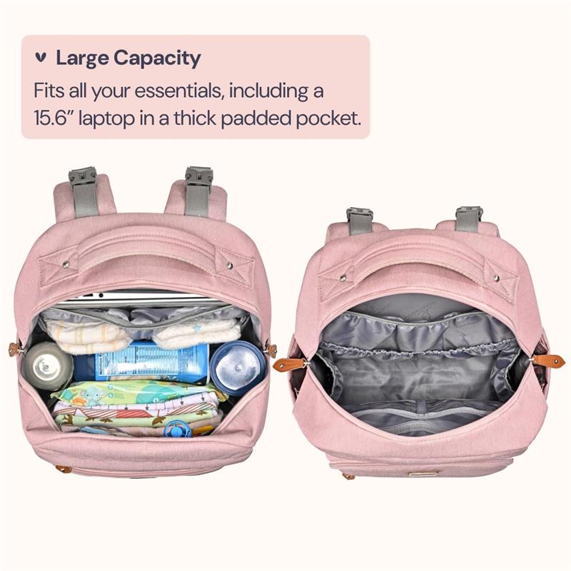 Pink BabbleRoo diaper bag backpack with large capacity, showcasing organized compartments and essentials inside.
