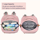 Pink BabbleRoo diaper bag backpack with large capacity, showcasing organized compartments and essentials inside.