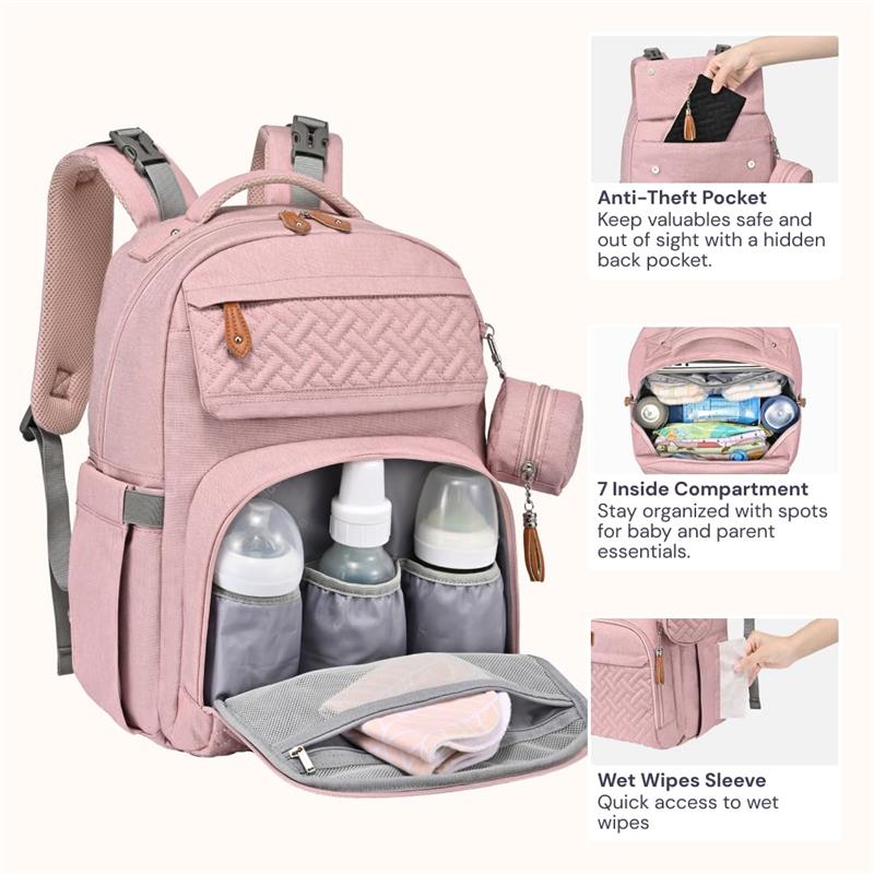 Pink BabbleRoo diaper bag backpack with multiple compartments, including pockets for bottles, wet wipes, and an anti-theft pocket.