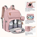 Pink BabbleRoo diaper bag backpack with multiple compartments, including pockets for bottles, wet wipes, and an anti-theft pocket.