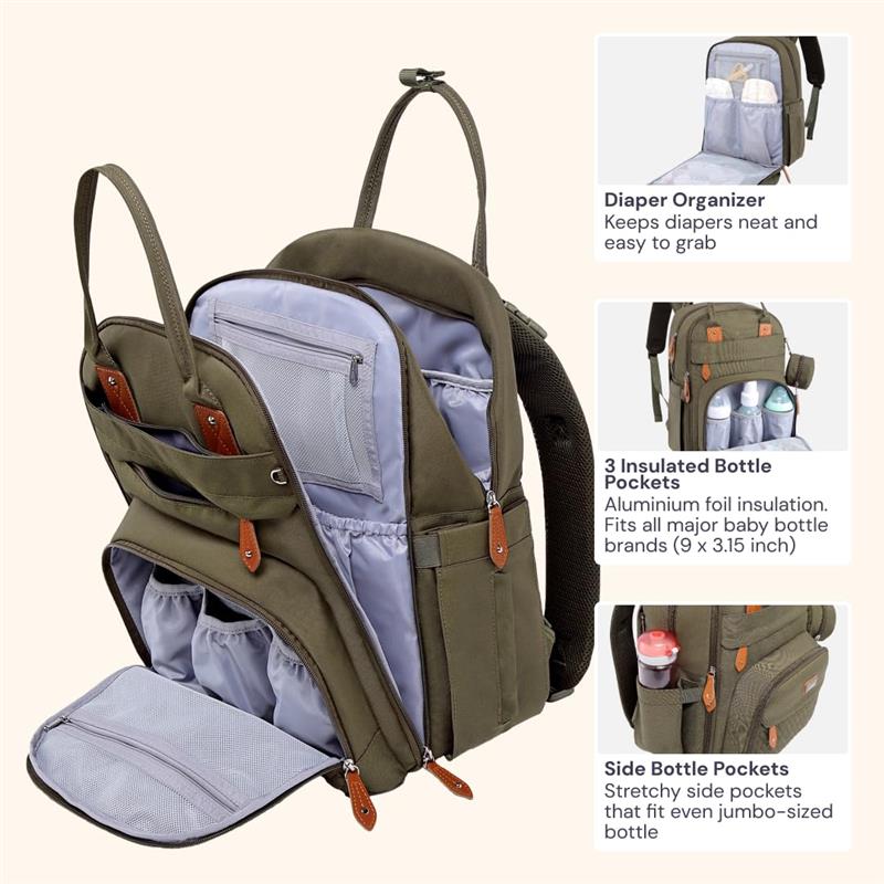 Army green diaper bag backpack featuring multiple pockets, insulated sections for bottles, and a diaper organizer.
