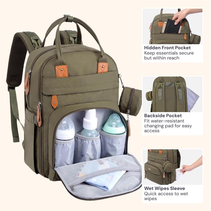 Army green diaper bag backpack with multiple pockets, including space for bottles and a changing pad, features stylish leather accents.