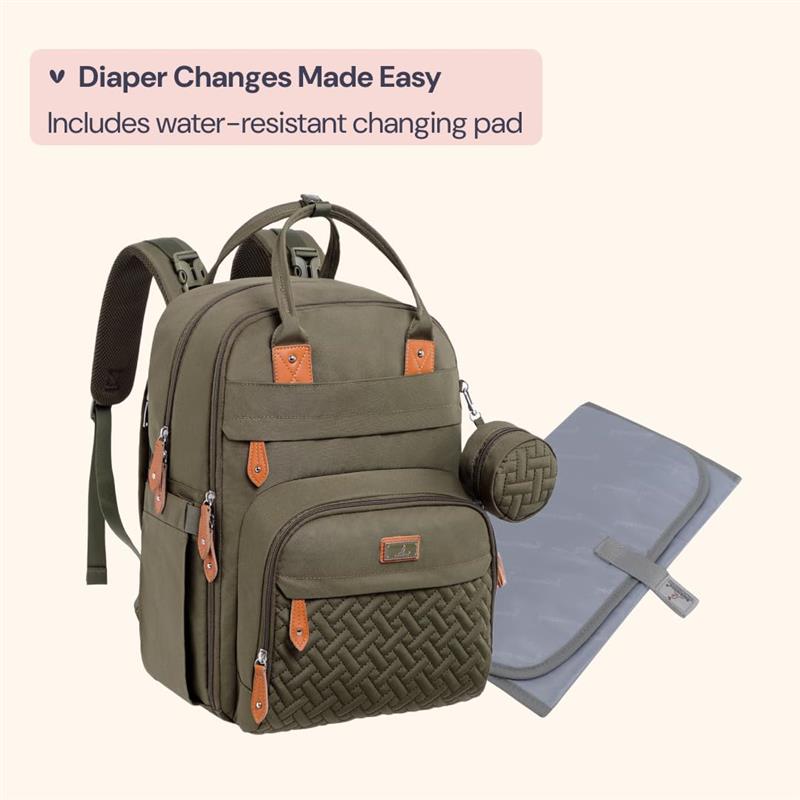 Army green diaper bag backpack with changing pad, featuring zippered pockets and leather accents for travel essentials.