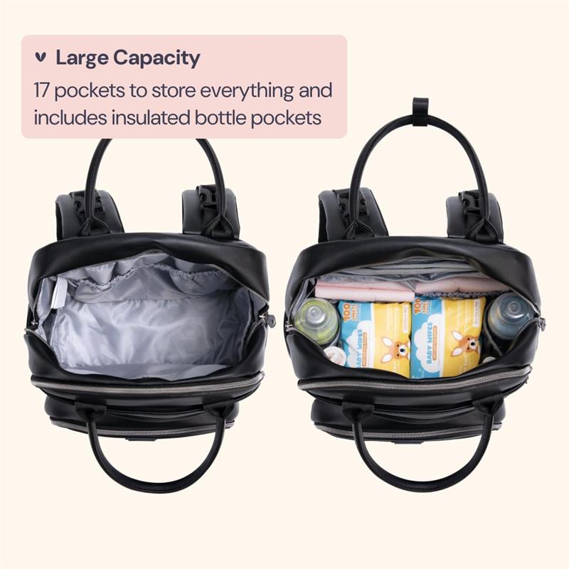 Black leather diaper bag backpack with two compartments showing storage for bottles and baby items. 17 pockets included.