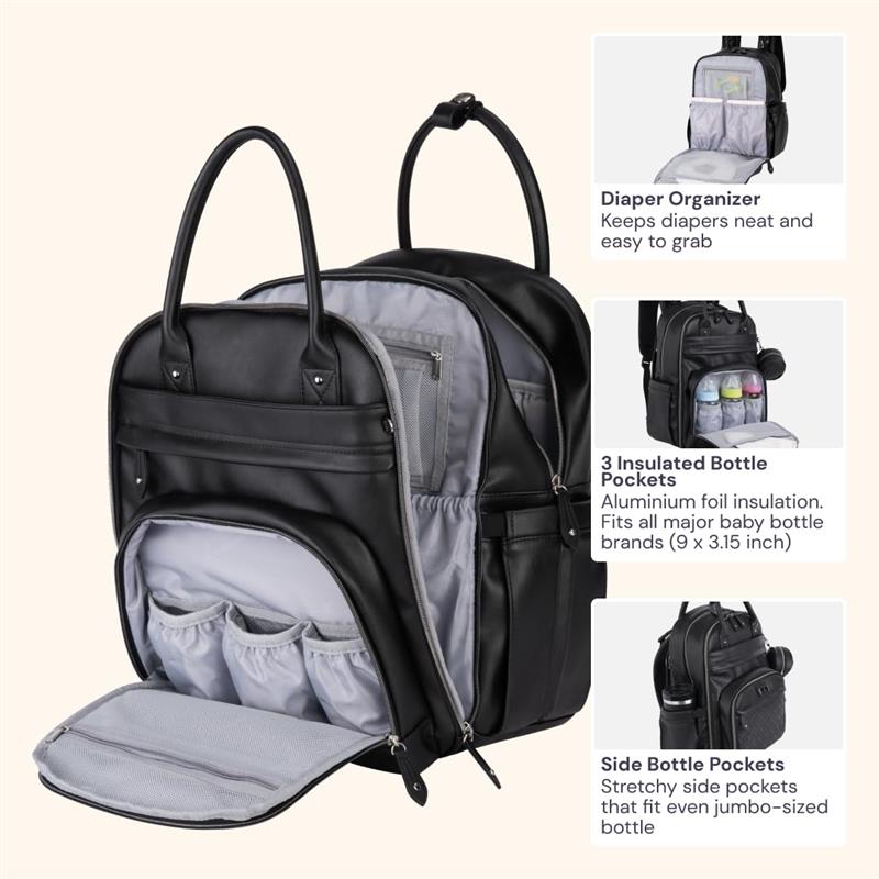 Black leather diaper bag backpack featuring multiple compartments, including three insulated bottle pockets and a diaper organizer.