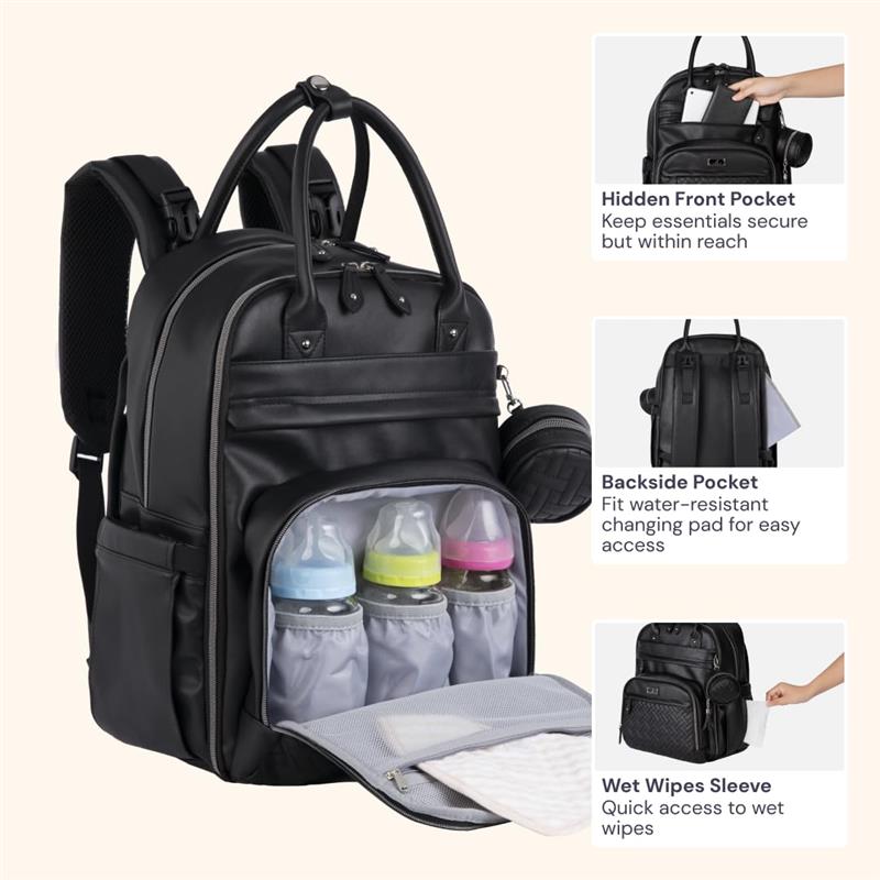 Black leather diaper bag backpack featuring multiple compartments, including a front pocket and slots for three bottles.