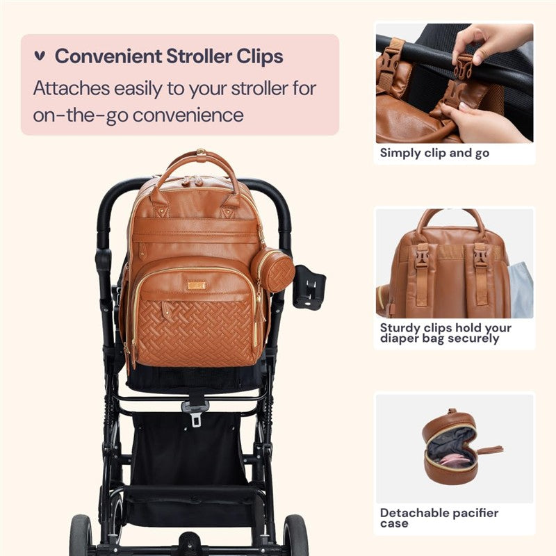 Vegan leather brown diaper bag with stroller clips, showcasing detachable pacifier case and easy clip attachment for convenience.
