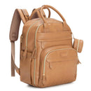 Light brown vegan leather diaper bag with multiple zippers, pockets, and a side pouch for convenience.