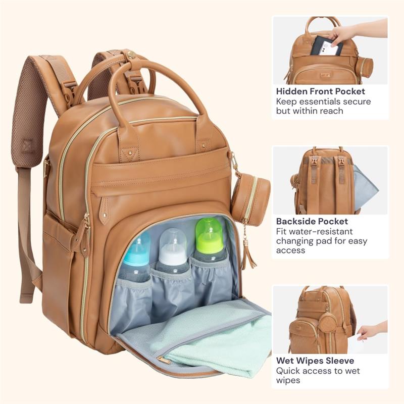 Light brown Babbleroo vegan leather diaper bag featuring three bottle holders, a hidden front pocket, and a back pocket for a changing pad.