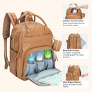 Light brown Babbleroo vegan leather diaper bag featuring three bottle holders, a hidden front pocket, and a back pocket for a changing pad.