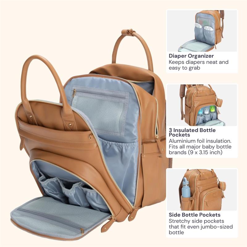 Light brown vegan leather diaper bag with multiple pockets, including a diaper organizer and insulated bottle compartments.