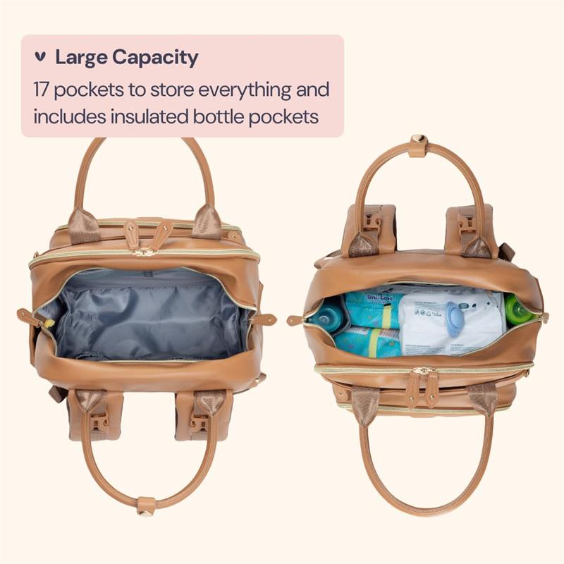Light brown vegan leather diaper bag with two compartments showing 17 pockets, including insulated pockets for bottles.