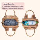 Light brown vegan leather diaper bag with two compartments showing 17 pockets, including insulated pockets for bottles.