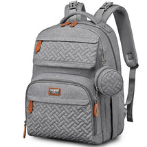 Light gray travel backpack with multiple compartments, a changing pad, and a detachable pouch.