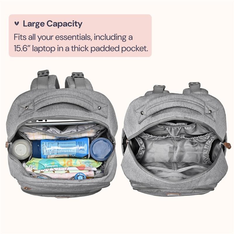 Light gray BabbleRoo travel backpack with changing pad, featuring large capacity for essentials, visible inner organization.