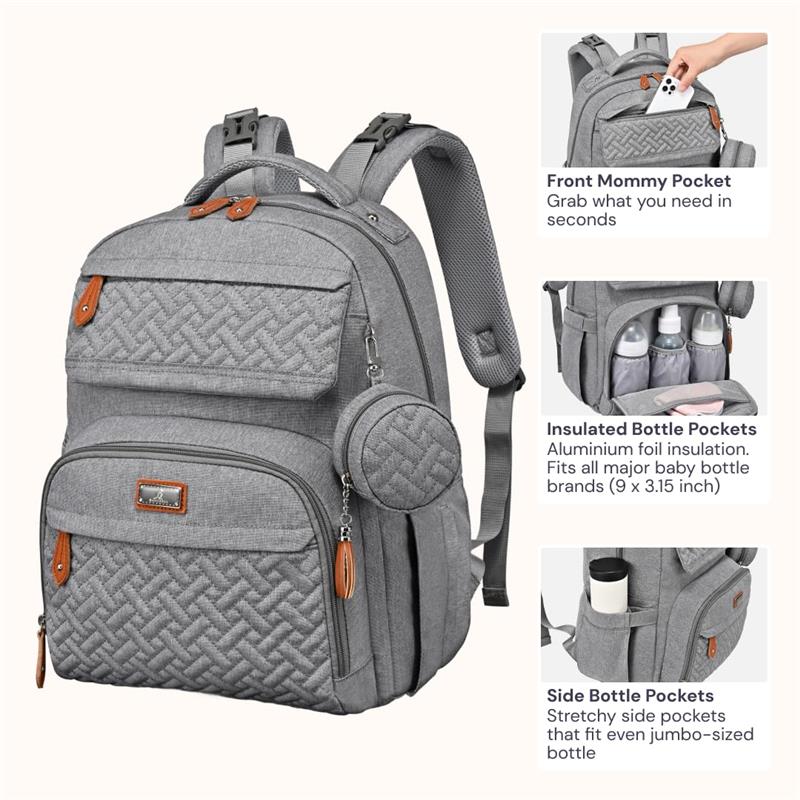 Light gray travel backpack with changing pad features front pocket, insulated bottle pockets, and side stretchy bottle pockets.