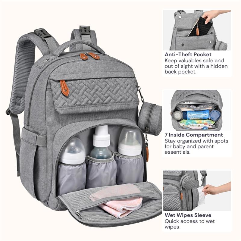 Light gray travel backpack featuring three insulated bottle pockets, a front pocket with wipes, and an anti-theft compartment.