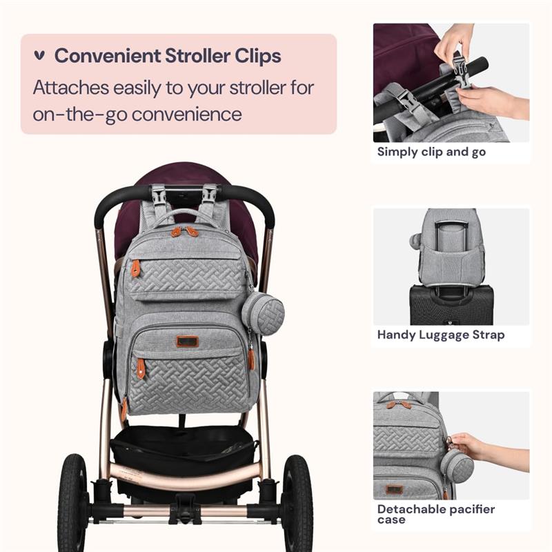 Light gray BabbleRoo travel backpack displayed on a stroller, featuring stroller clips, luggage strap, and detachable pacifier case.