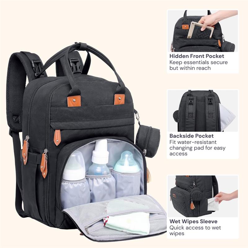 Travel Essentials Baby Bag in black, featuring a changing pad, multiple pockets, and bottle compartments.
