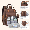 Brown travel essentials baby bag with changing pad, featuring multiple pockets, insulated bottle holders, and a wet wipes sleeve.