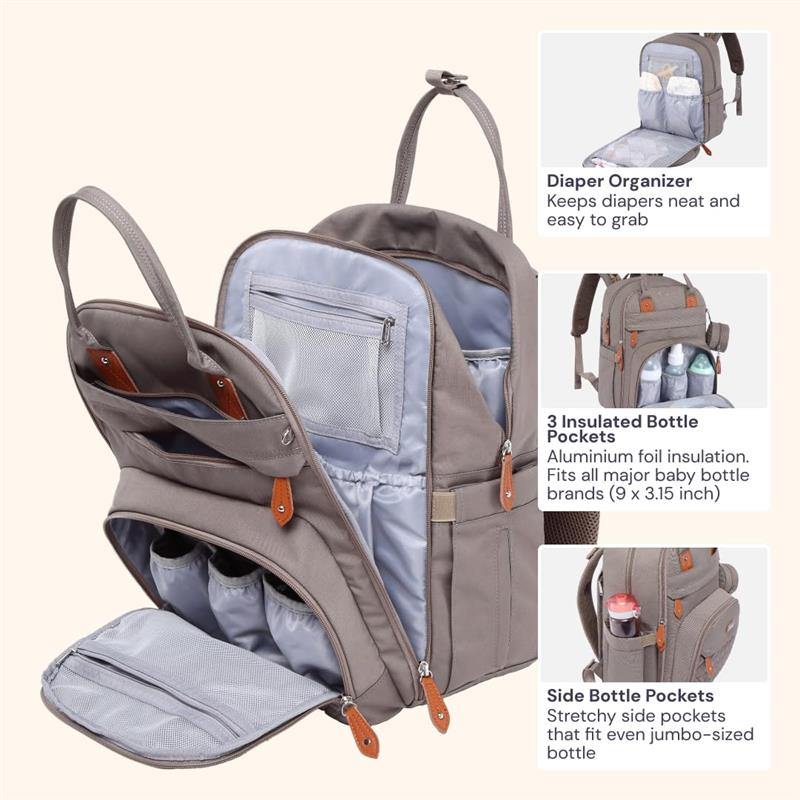 Khaki BabbleRoo baby bag with changing pad, featuring a diaper organizer, insulated bottle pockets, and side pockets.