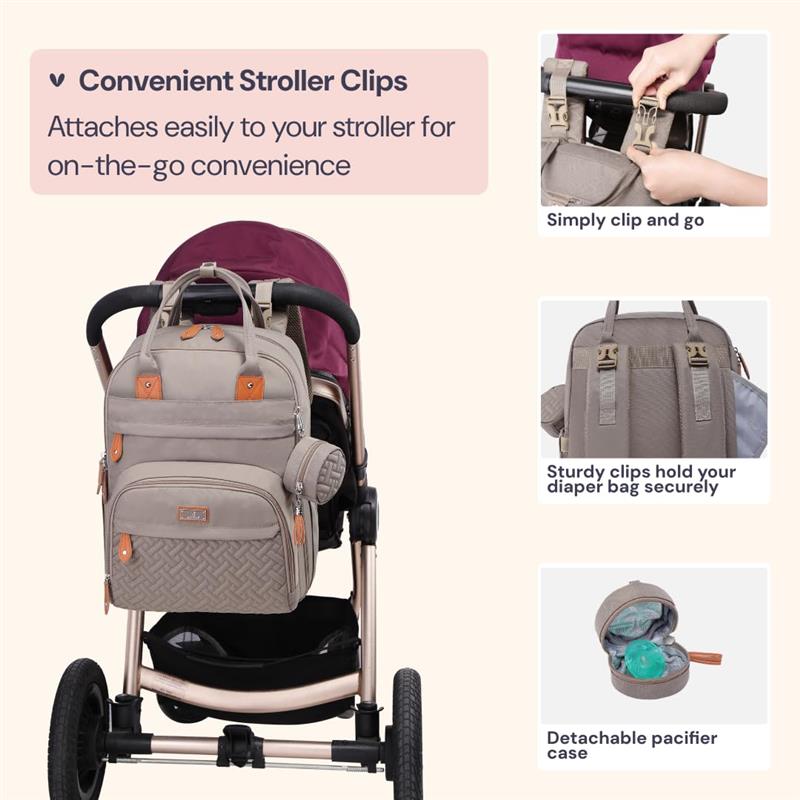 Travel Essentials baby bag in khaki with stroller clips, showing secure attachment and a detachable pacifier case.