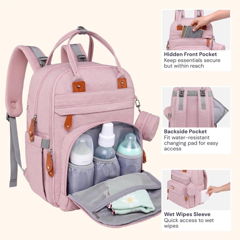 Multi-function pink travel tote bag with waterproof material, featuring pockets for bottles and easy access to wet wipes.
