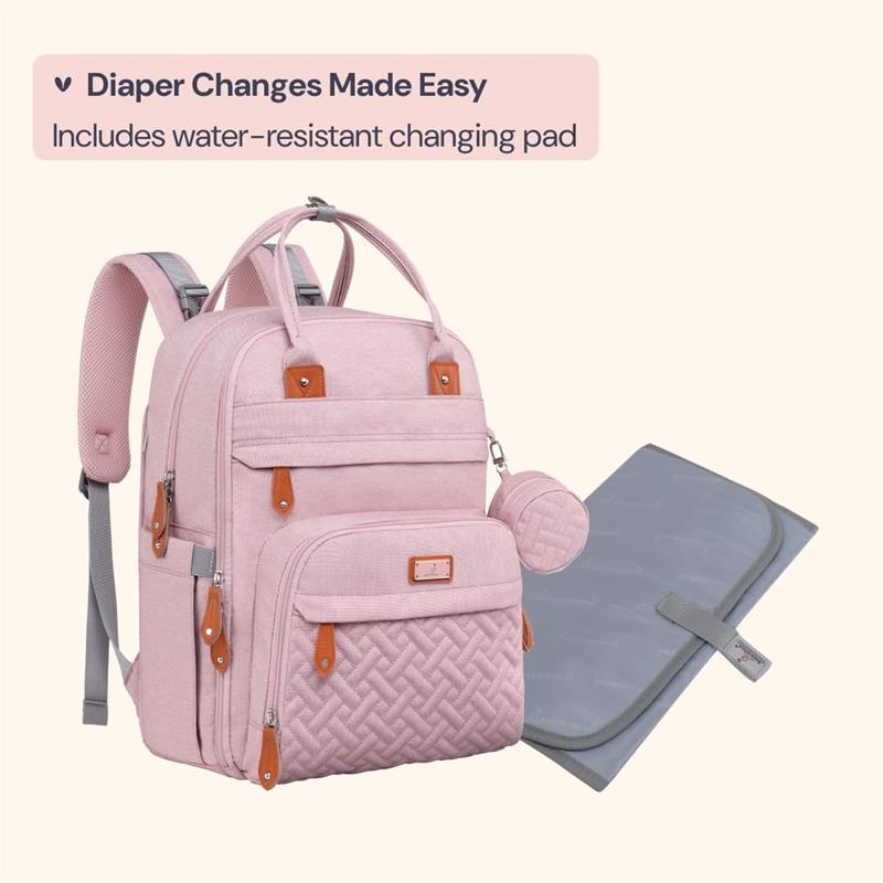Multi-function pink travel tote bag with brown accents, featuring a water-resistant changing pad.