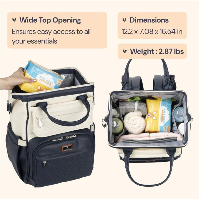Vegan leather diaper bag backpack in blueberry cream with wide top opening, showcasing contents like wipes and bottles.