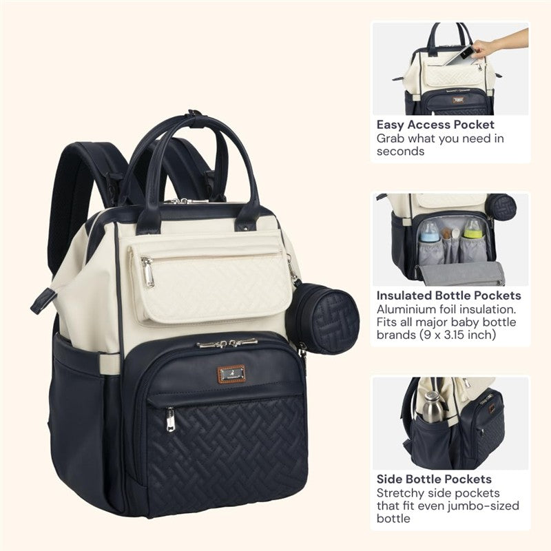 BabbleRoo Wide Top Diaper Bag Backpack in vegan leather, featuring easy access pocket, insulated bottle pockets, and side bottle pockets.
