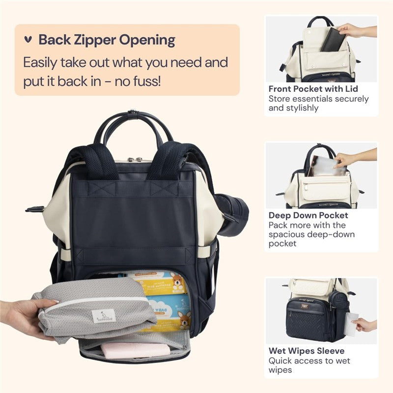 BabbleRoo Wide Top Diaper Bag Backpack in vegan leather features a back zipper, front pocket with lid, deep down pocket, and wet wipes sleeve.