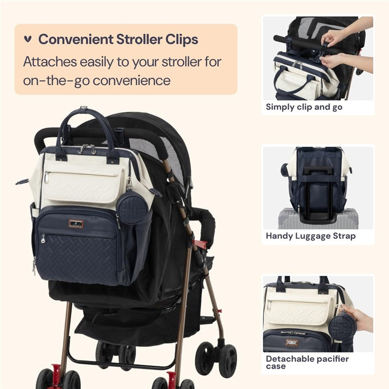Vegan leather diaper bag backpack in blueberry cream attached to a stroller, featuring convenient clips and a detachable pacifier case.