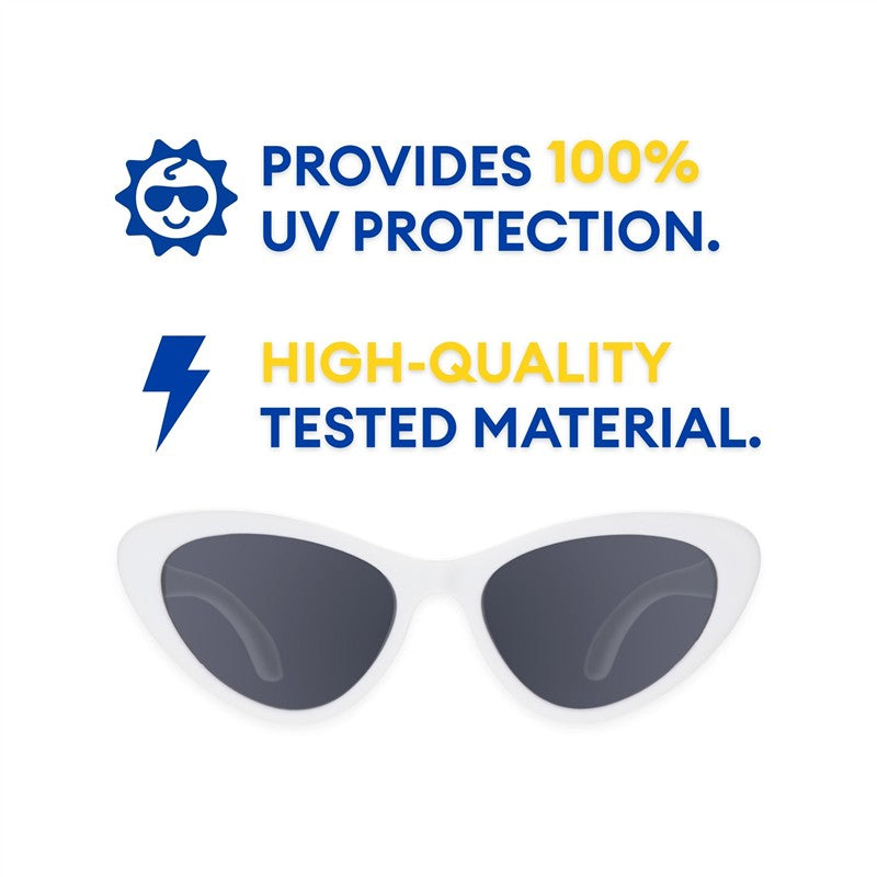 Children’s cat-eye shaped UV sunglasses in white, with claims of 100% UV protection and high-quality tested material.